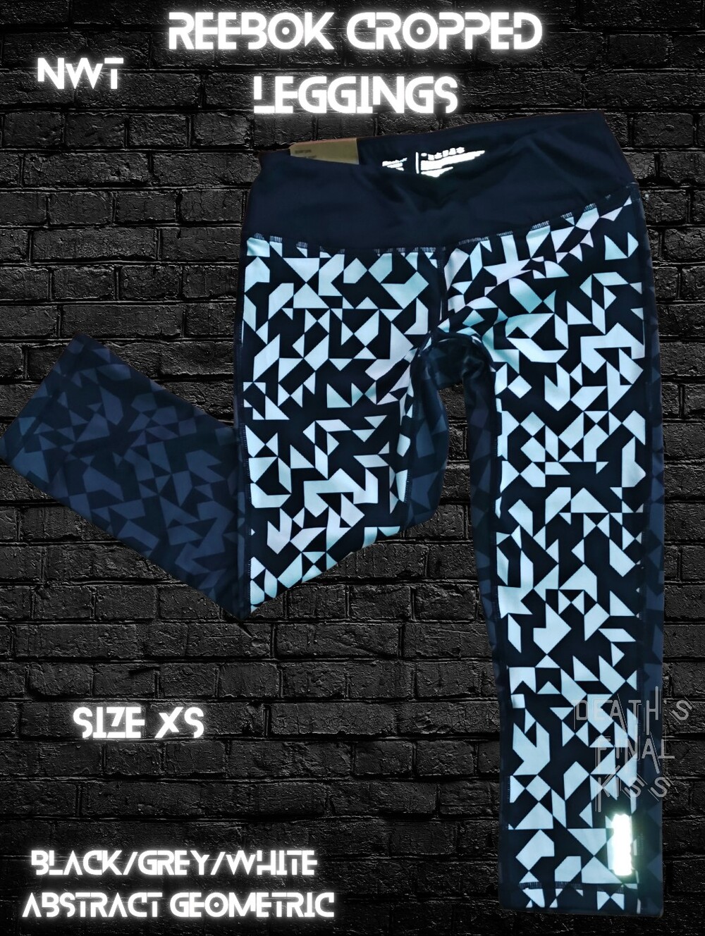 Reebok Black Grey back White front Abstract Geometric Leggings XS Roller Derby